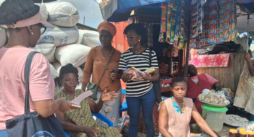 Participants interact with traders at the Dome Market during the field visit and data collection exercise.
