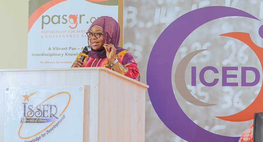 Shamima Muslim, Deputy Government Spokesperson, Ghana, delivers remarks on behalf of the Chief of Staff, Hon. Julius Debrah, calling for evidence that is timely, accessible and responsive to the realities of policymaking.