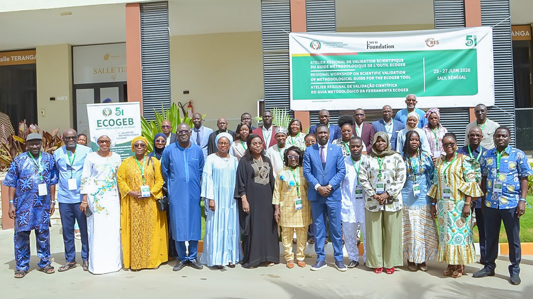 Participants at the ECOWAS Regional Workshop for the Scientific Validation of the ECOGEB Methodological Guide pose for a group photograph in Saly Portudal, Senegal.